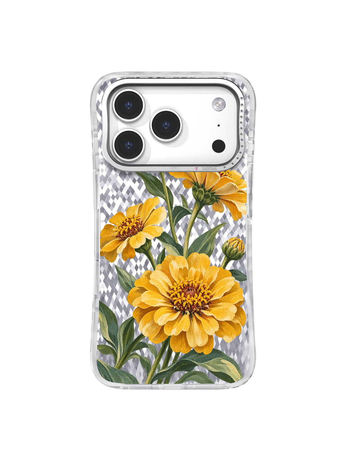 Steady in Wind pattern with a lower golden zinnia, side-facing bloom, young buds, and sweeping sage leaves on an iPhone 17 Pro case