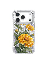 Sunward Turn pattern with a centered golden zinnia, upright buds, and layered sage foliage on an iPhone 17 Pro case