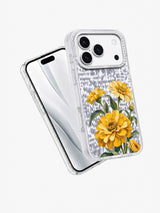 Angled view of the Golden Turning iPhone 17 Pro case showing golden floral artwork and clear edges