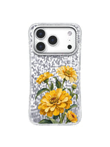 Front view of the Golden Turning iPhone 17 Pro case with mustard zinnias and sage foliage