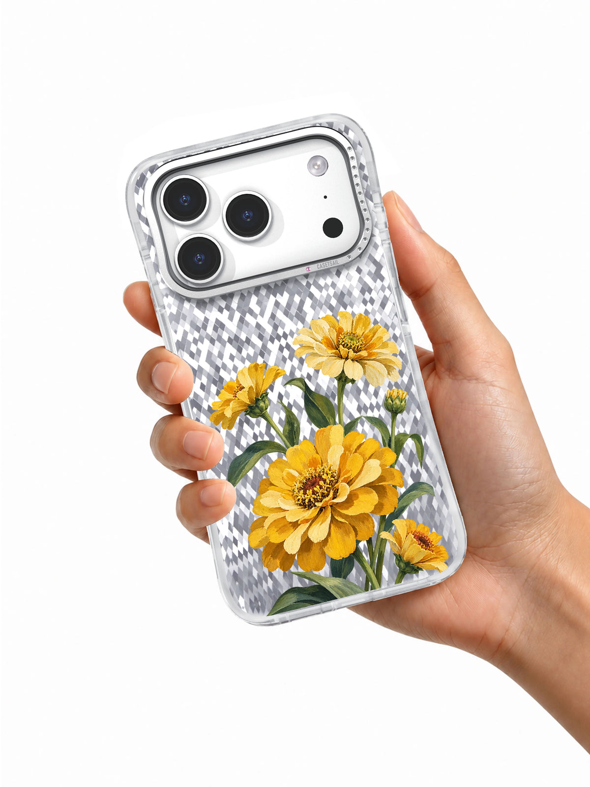 Hand holding the Golden Turning iPhone 17 Pro case with mustard zinnia artwork