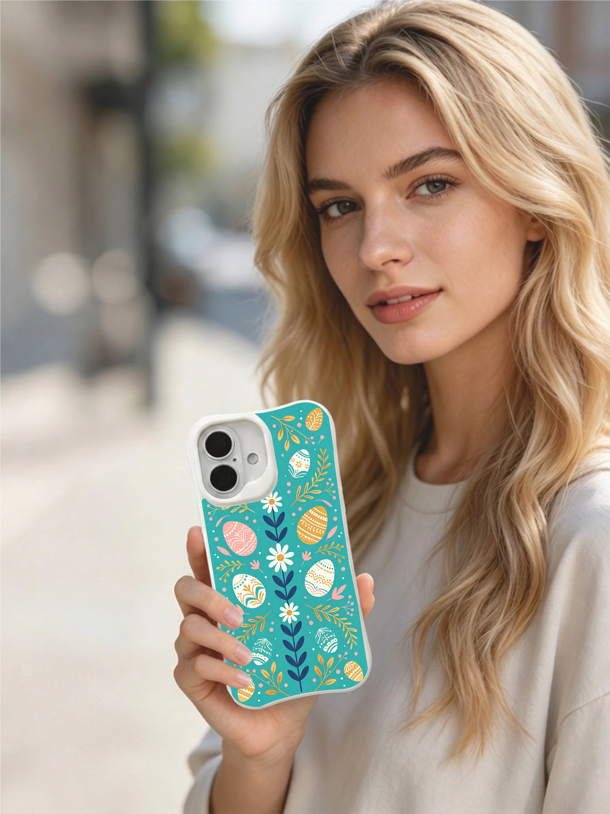 Golden Twig Easter: A person holding the illustrated case outdoors.