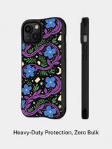 Blue violet floral iPhone 15 Plus case detail