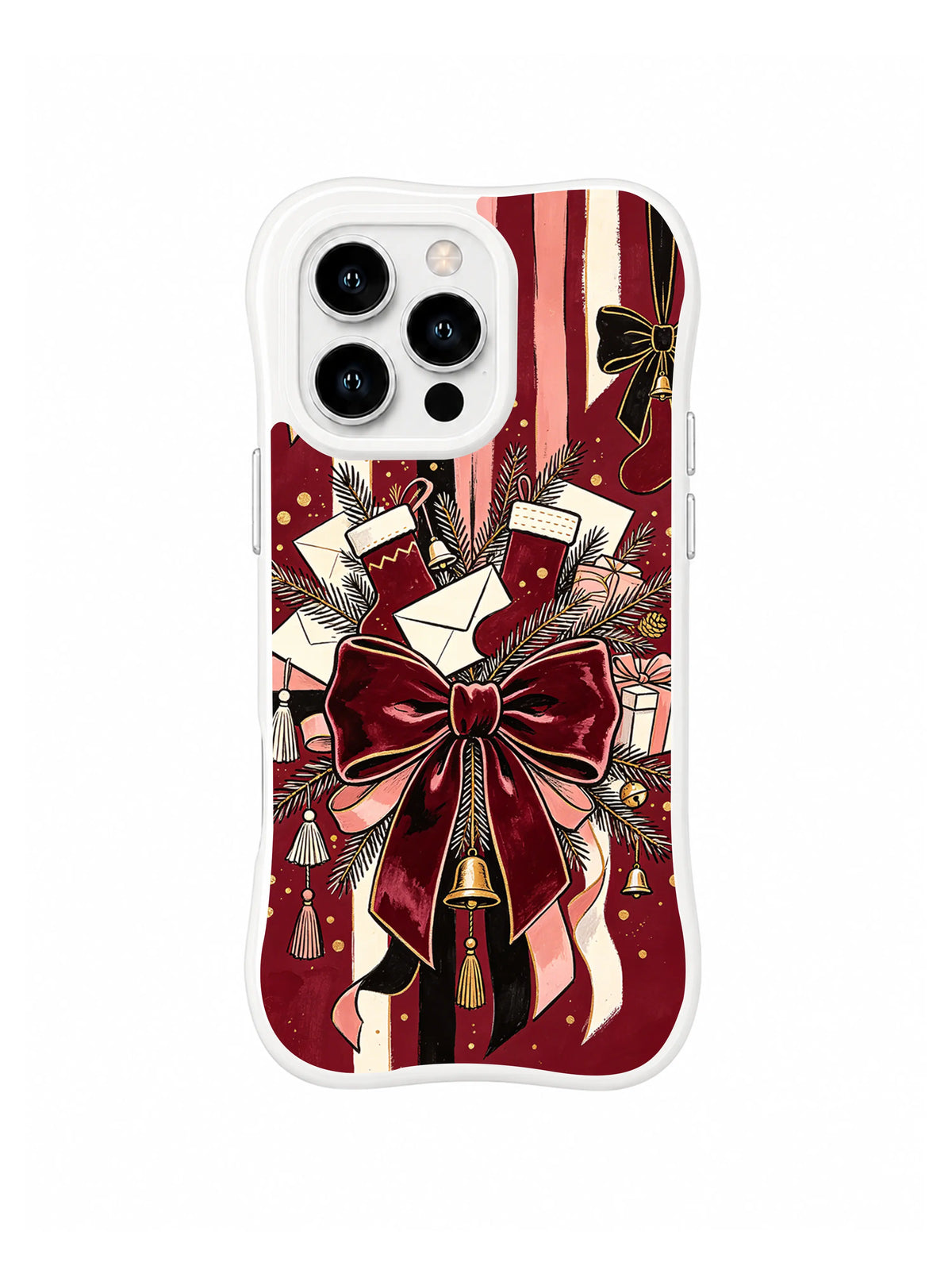 Grand Velvet Bow pattern on a white iPhone 14 Pro case with an oversized burgundy bow, pink ribbon tails, stockings, envelopes and gold dots
