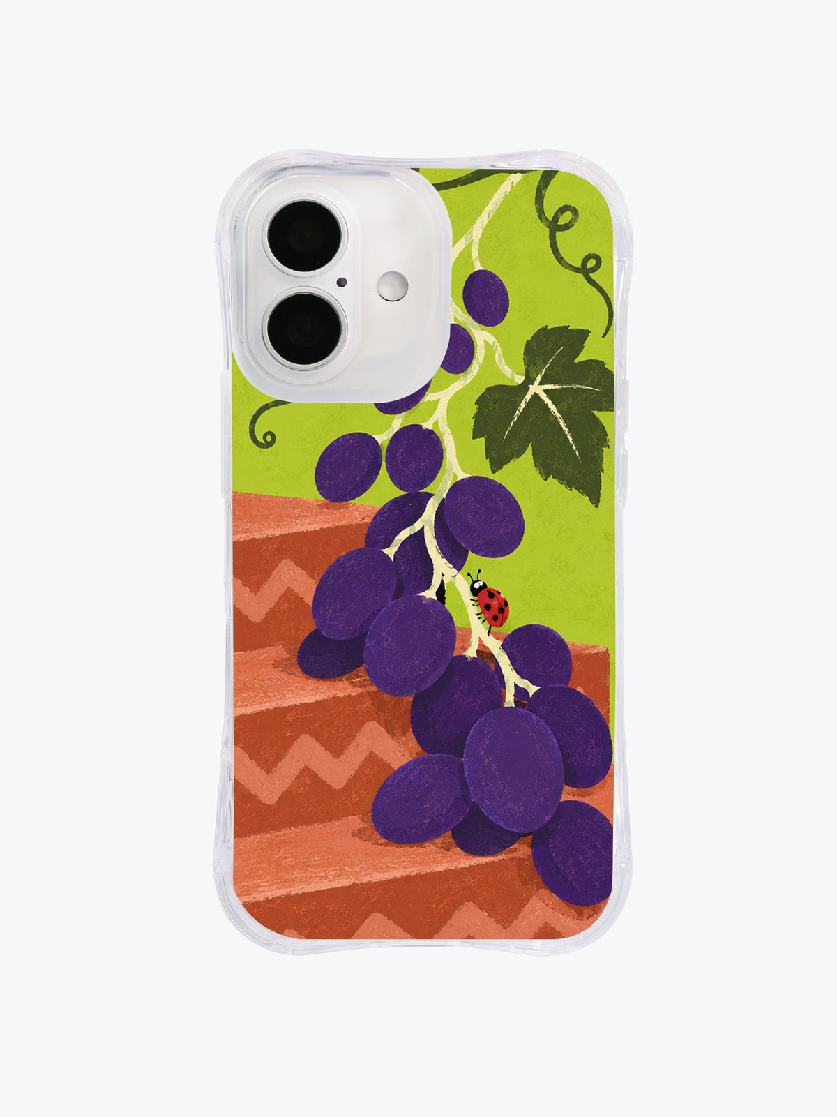 Front view of The Grape Staircase artwork on a transparent iPhone 16 case