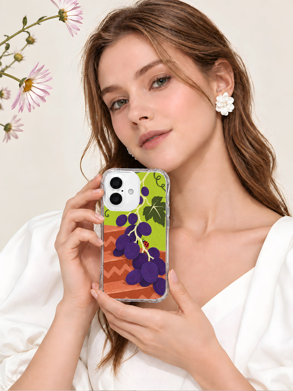 Lifestyle portrait with The Grape Staircase transparent iPhone 16 case