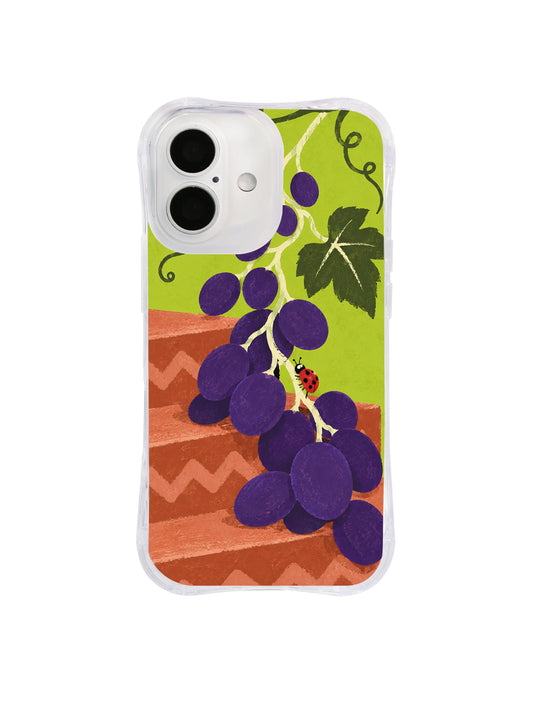 Grape Staircase iPhone case pattern with violet grapes, terracotta steps and a climbing ladybug