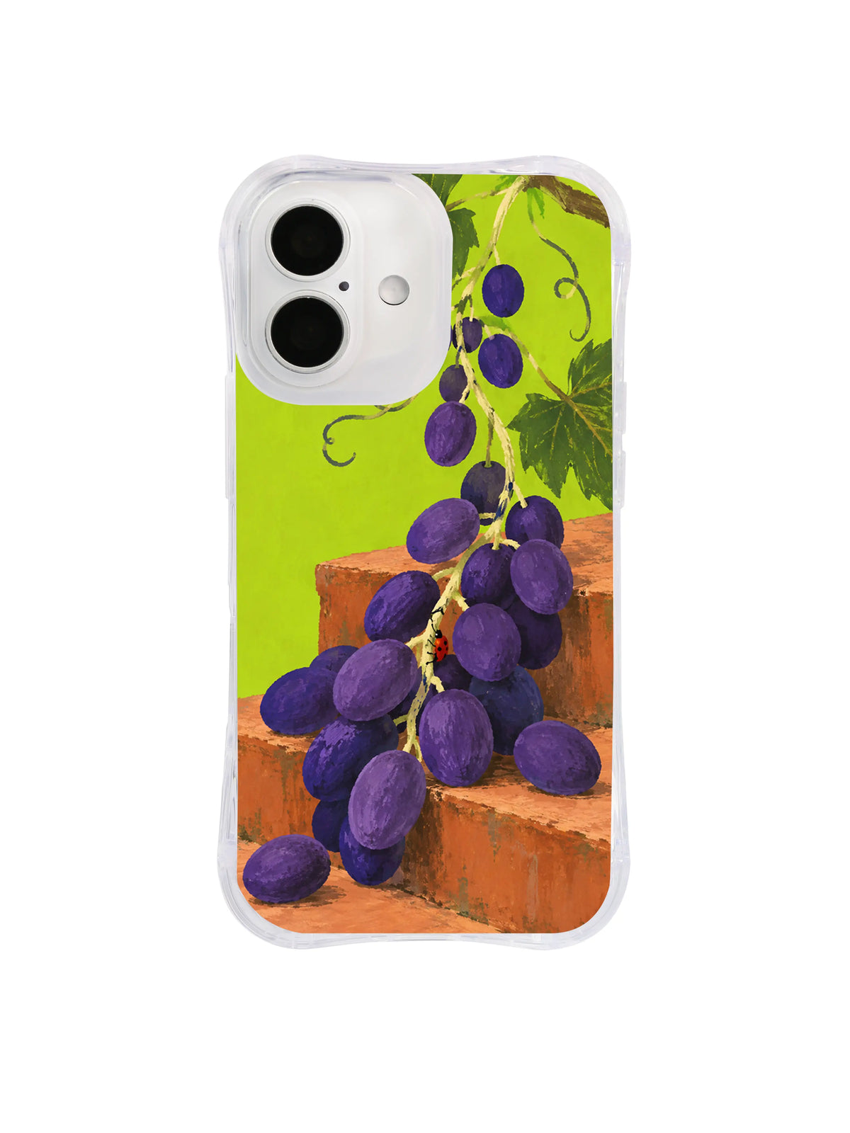 Terracotta turn iPhone case pattern with grape cluster, curled tendrils and tiny red ladybug