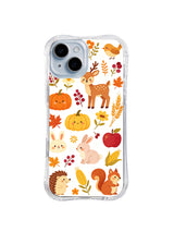 Gratitude Garden Feast / Deer Rabbit Garden Feast: Small spotted deer, pink and cream rabbits, a squirrel, hedgehog and bird with smiling pumpkins, red apples and corn.