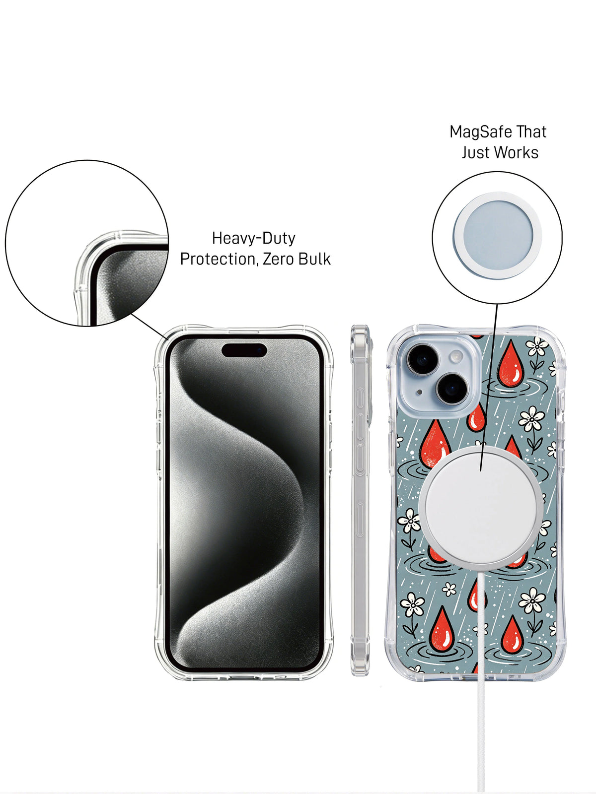Gray Blue Raindrop Garden: front and back presentation with a circular charging accessory.