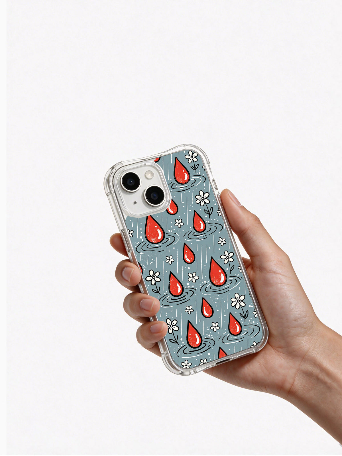 Gray Blue Raindrop Garden iPhone 14 Plus case hand-held view