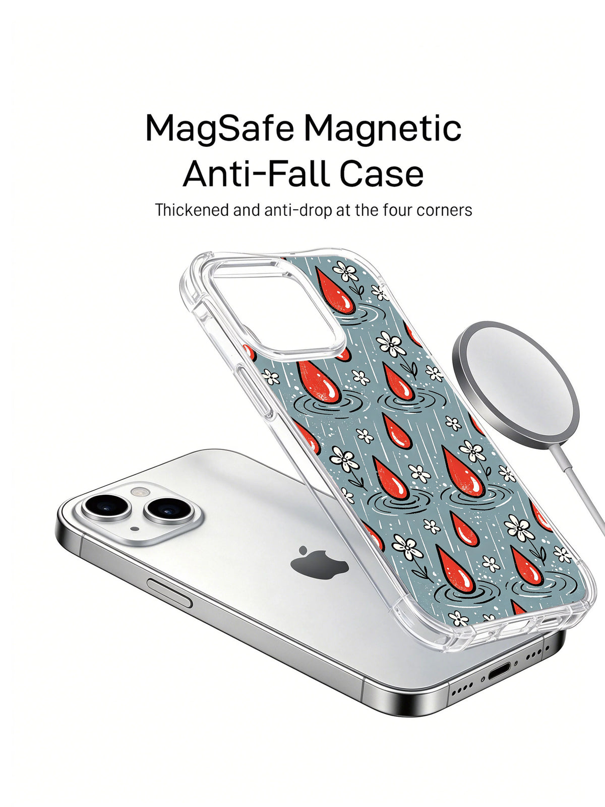 Gray Blue Raindrop Garden: case shown separately from a phone beside a circular charging accessory.