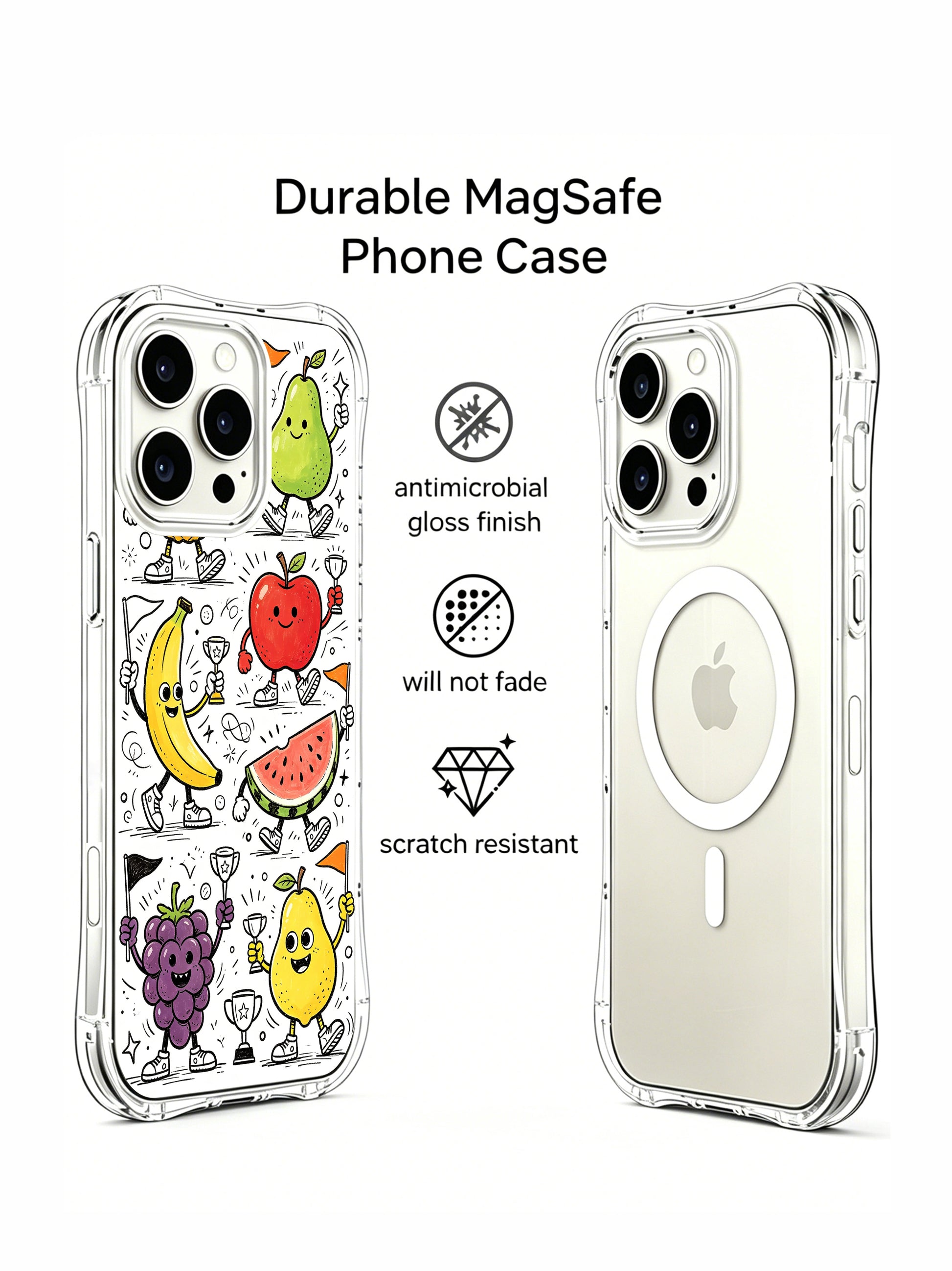  Adorable anthropomorphic fruit sports character doodle iPhone 16 pro Case by Nico Scribble, fade-proof personalized phone casing from PhoneCasing, transparent slim illustrated phone cover.