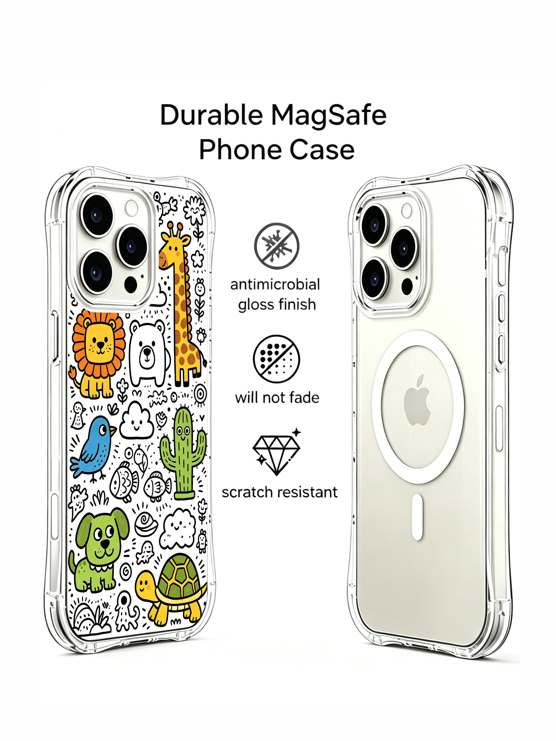 Adorable anthropomorphic monster animal doodle iPhone 15 pro Case by Nico Scribble, fade-proof personalized phone casing from PhoneCasing, transparent slim illustrated phone cover.