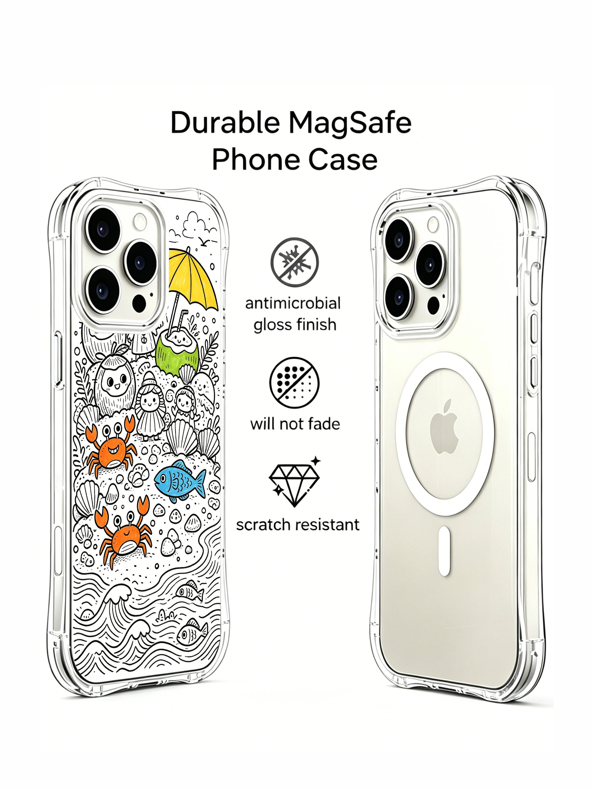 Adorable anthropomorphic sea creature doodle iPhone 15 pro Case by Nico Scribble, fade-proof personalized phone casing from PhoneCasing, transparent slim illustrated phone cover.