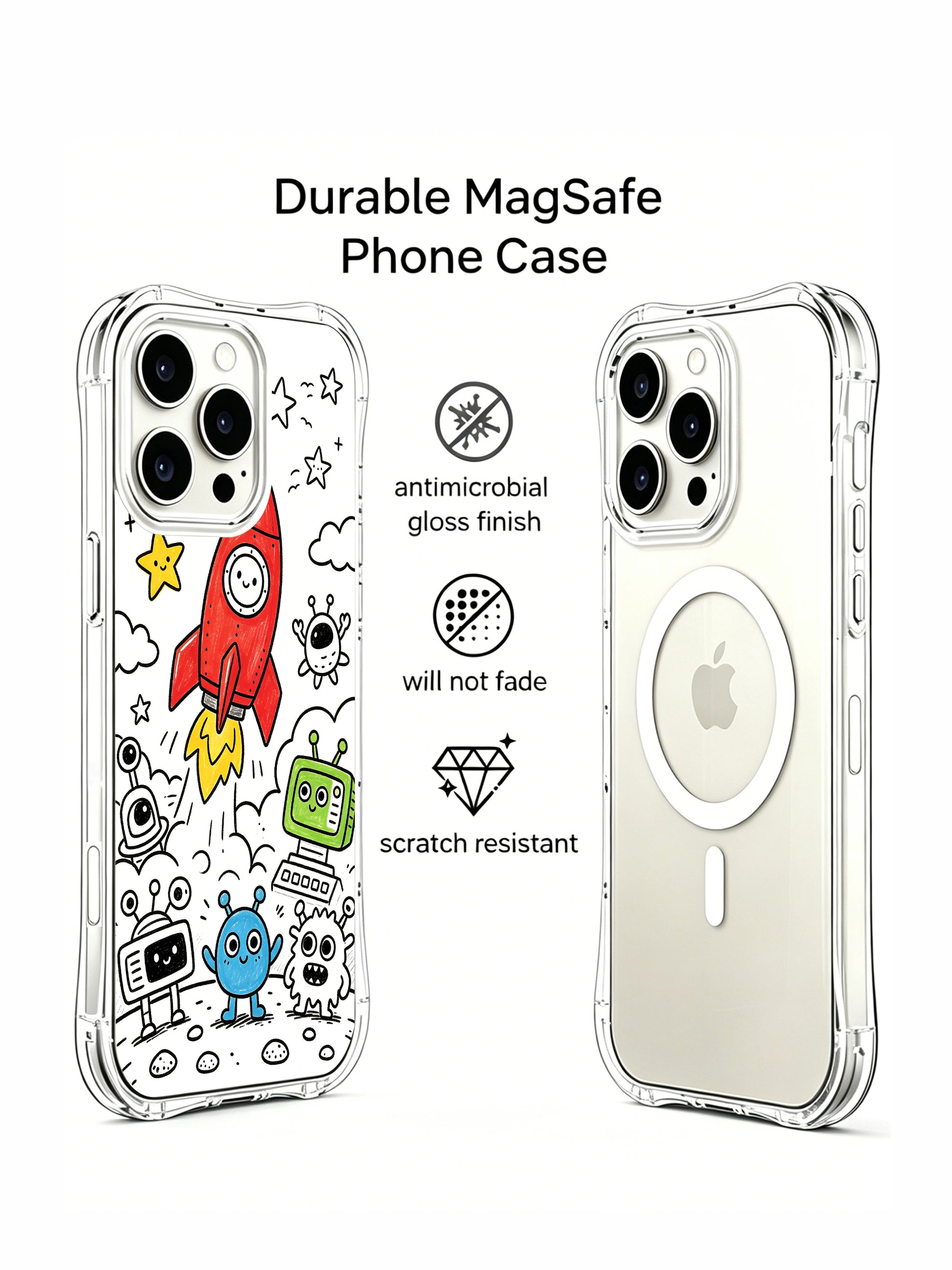 Adorable anthropomorphic space monster doodle iPhone 15 pro Case by Nico Scribble, fade-proof personalized phone casing from PhoneCasing, transparent slim illustrated phone cover.