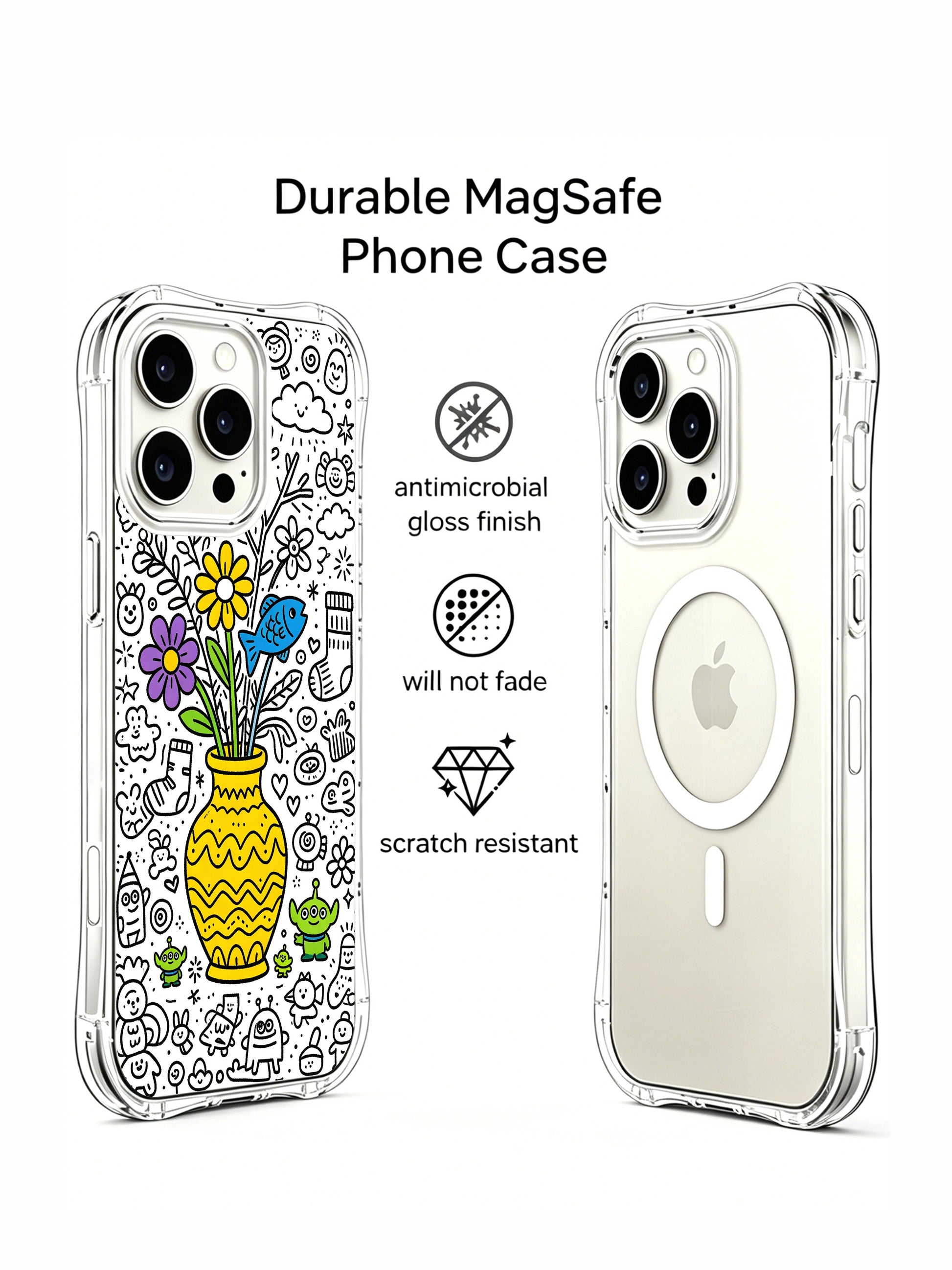 Adorable anthropomorphic vase creature doodle iPhone 15 pro Case by Nico Scribble, fade-proof personalized phone casing from PhoneCasing, transparent slim illustrated phone cover.