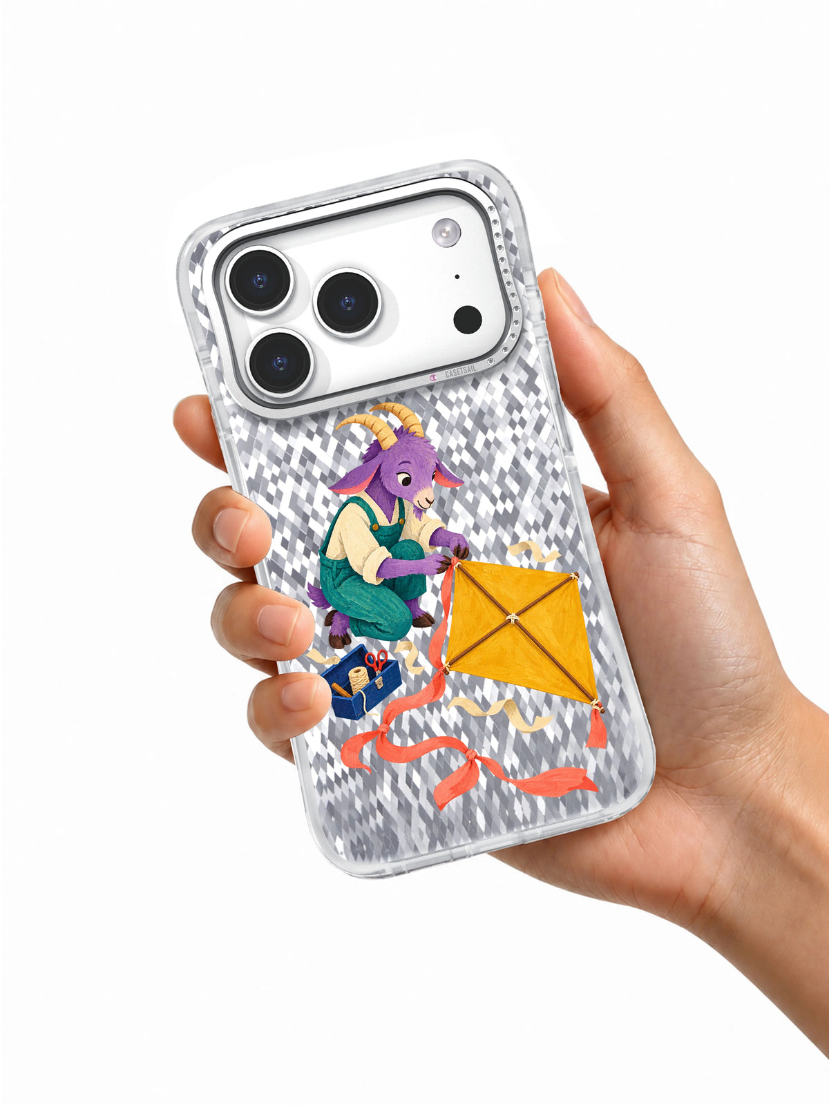 Tail for a Grounded Kite transparent case held in hand for iPhone 17 Pro