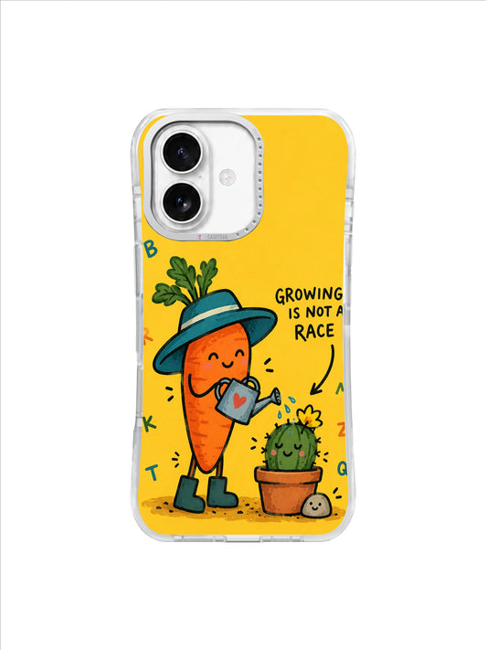 Orange carrot in a teal hat watering a potted cactus with a yellow flower on a bright yellow illustrated background