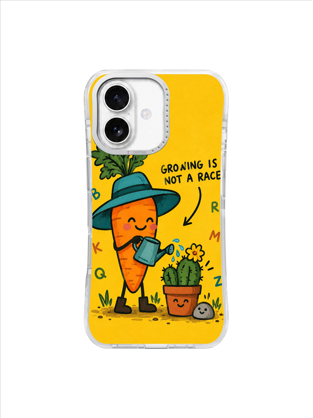 Orange carrot tending a small cactus and yellow flower beneath the handwritten phrase Growing Is Not a Race