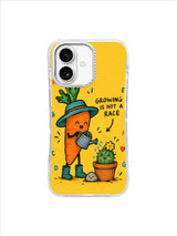 Teal hat carrot gardener, terracotta cactus pot, yellow flower and smiling pebble in playful gouache artwork