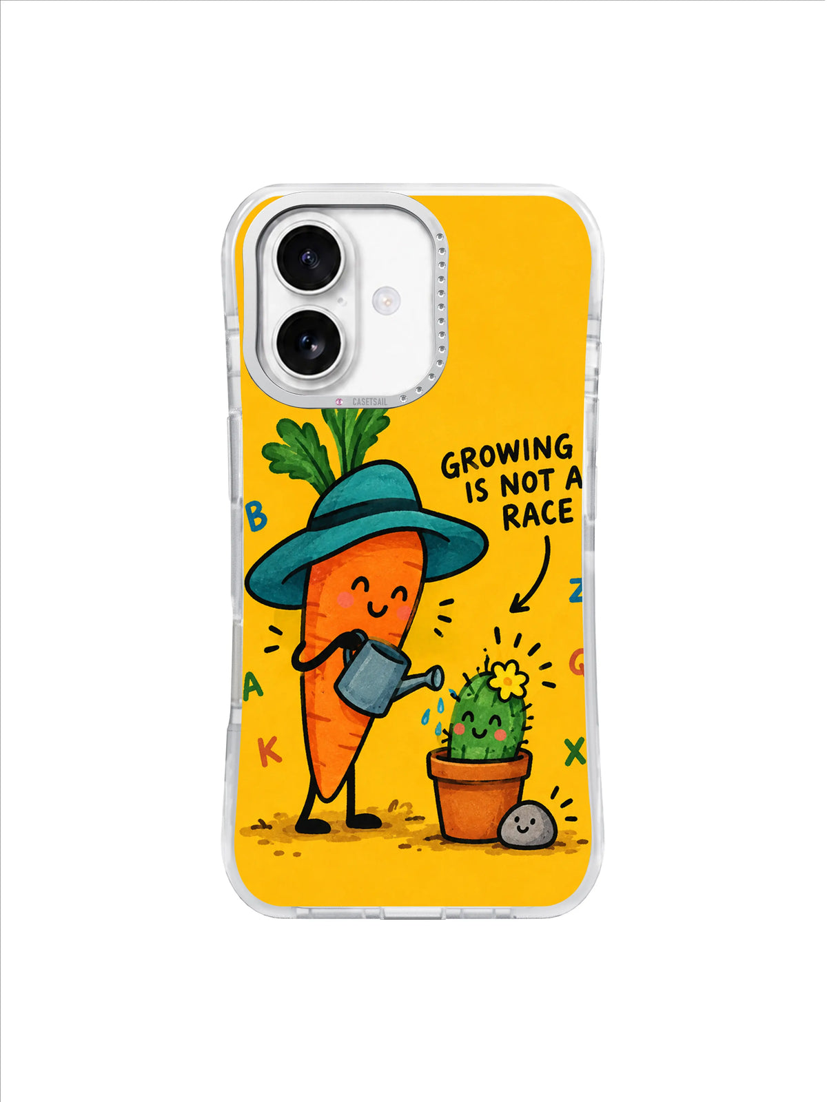 Smiling orange carrot watering a flowering green cactus beside a small pebble in hand painted artwork