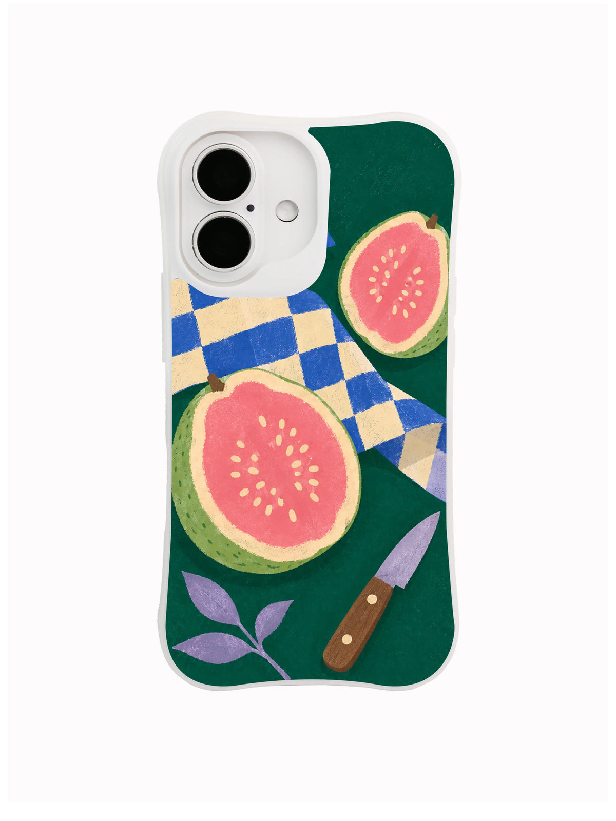 Folded Route guava picnic artwork on an iPhone 16 case