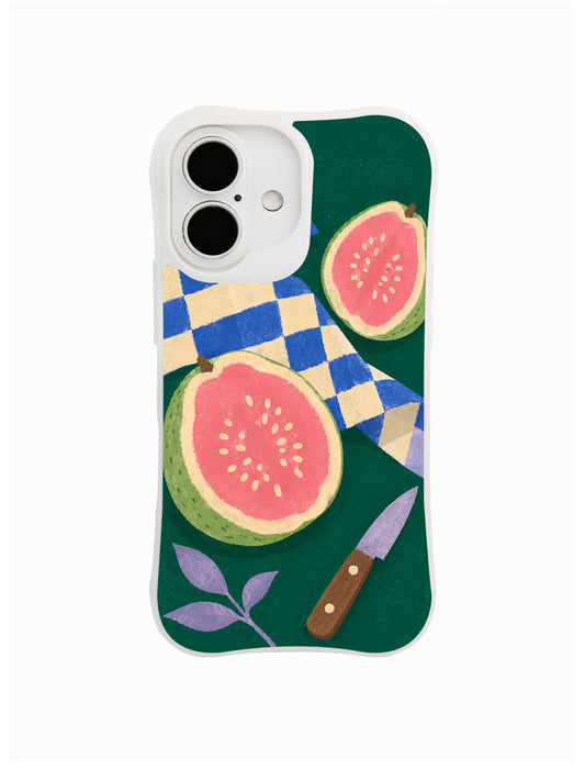 Folded Route guava picnic artwork on an iPhone 16 case