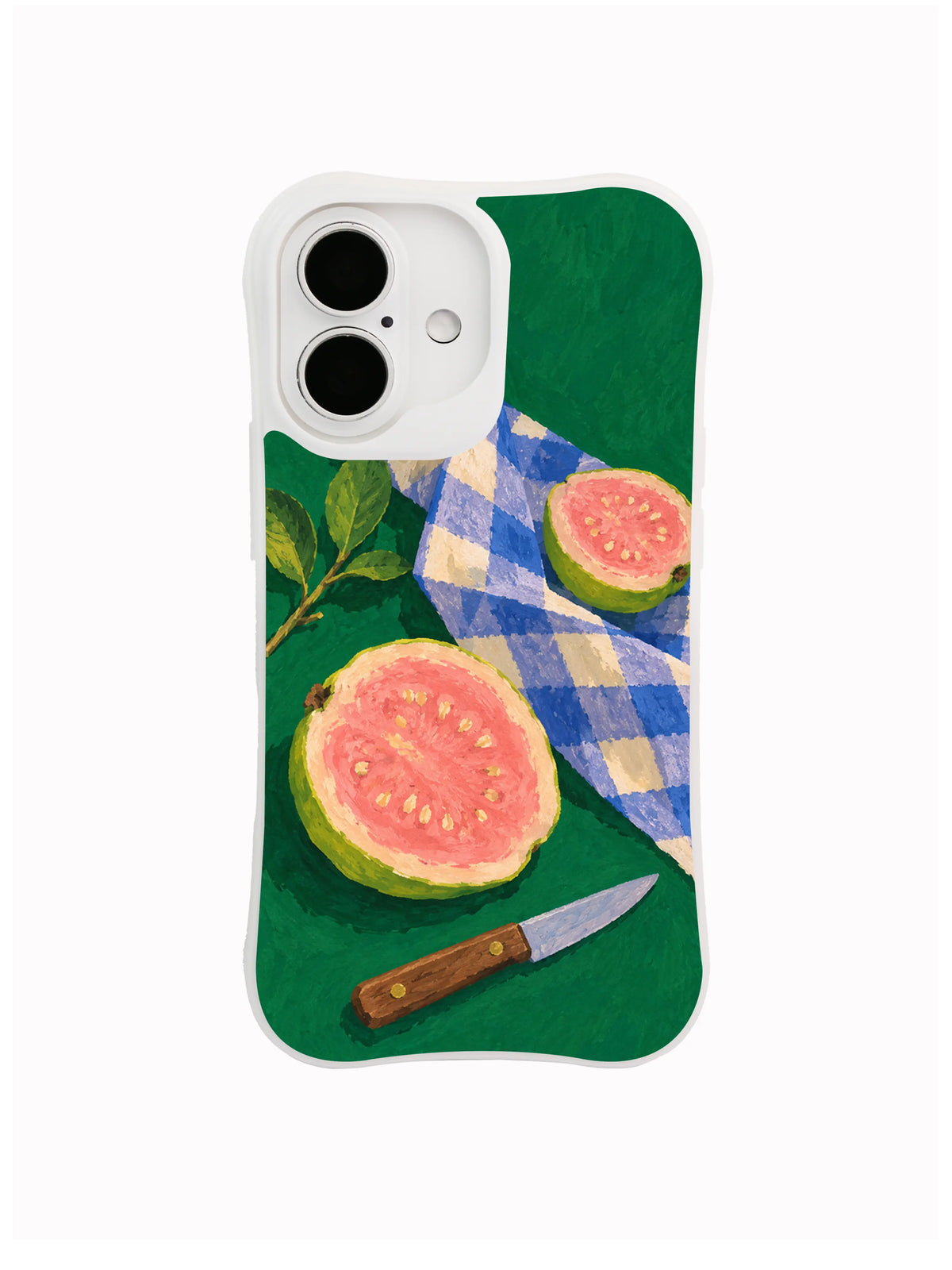 Gingham Bend guava and picnic cloth artwork on an iPhone 16 case