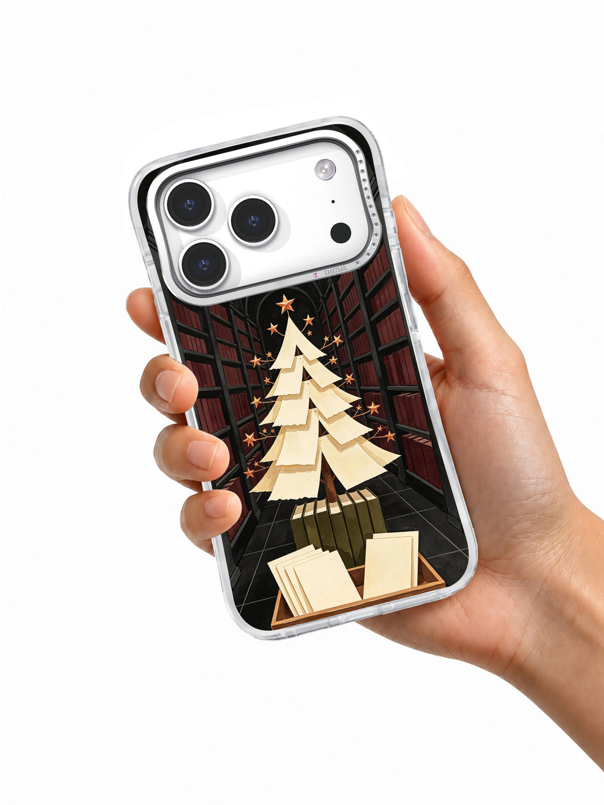 The Library Paper Fir iPhone 17 Pro case handheld view