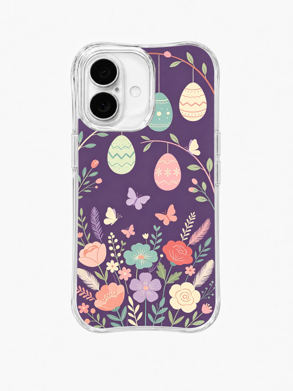 The Easter Butterfly Garden / Hanging Egg Butterfly Garden: Yoğun çiçek bordürü ve küçük kelebeklerin üzerinde kıvrımlı dallardan sarkan pastel yumurtalar.