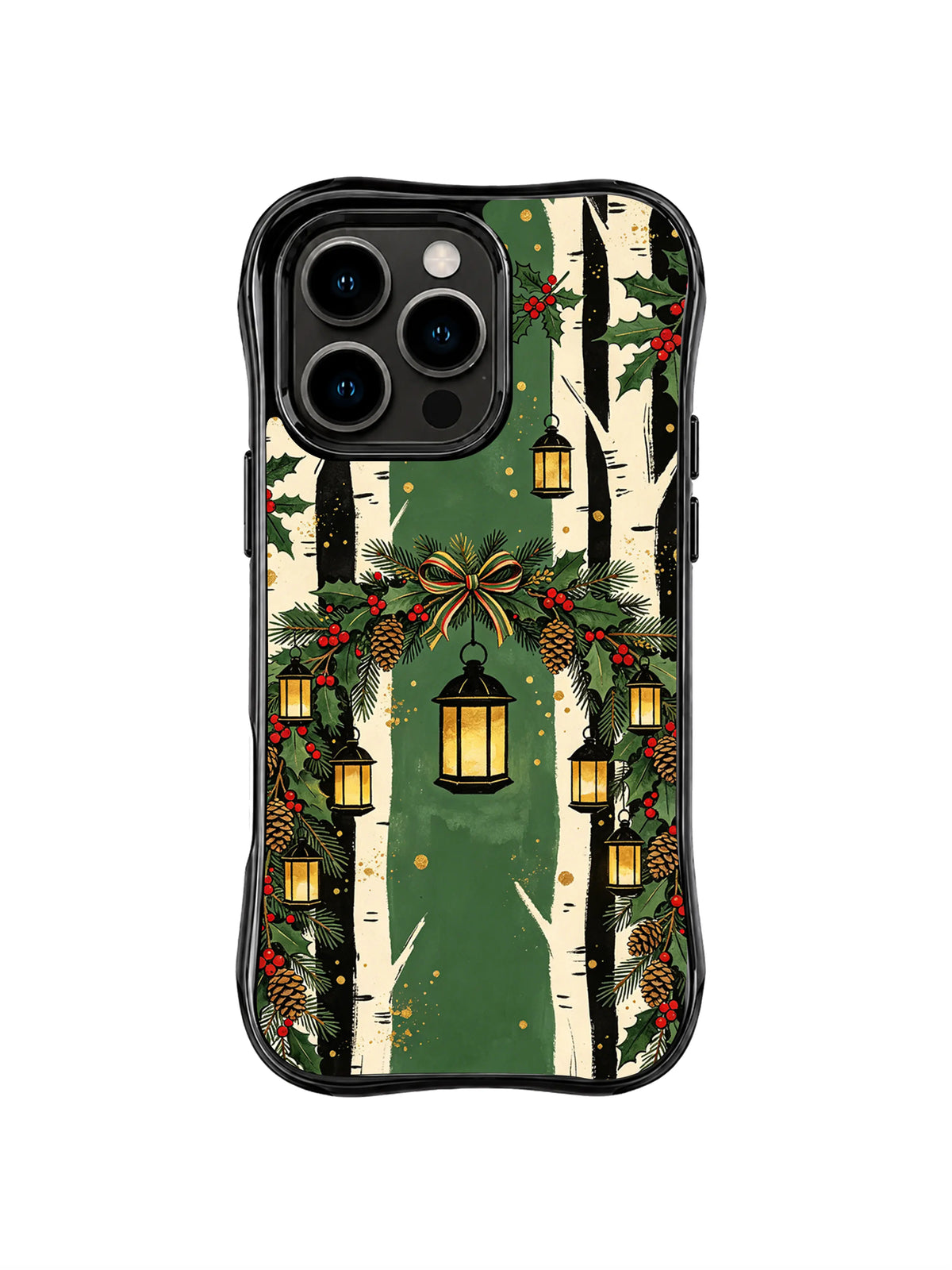 Hanging Holly Lanterns pattern on a black iPhone 14 Pro case with multiple warm lanterns, white tree trunks, evergreen branches and red berry accents