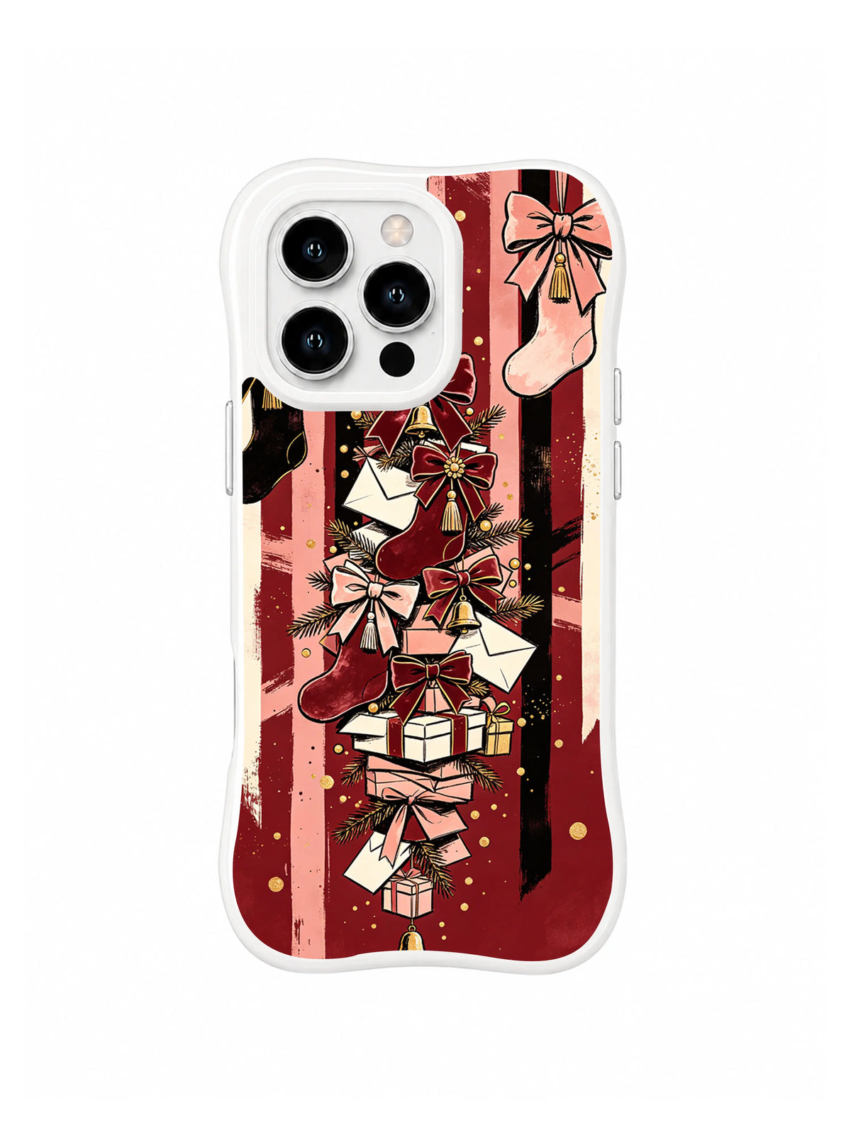 Hanging Ribbon Stockings pattern on a white iPhone 14 Pro case with vertical red ribbons, handmade stockings, bows, stars and small parcels