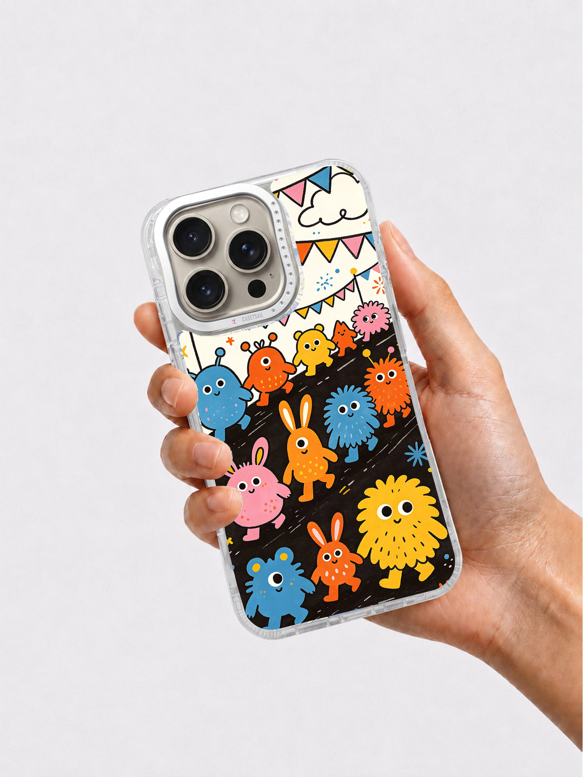 Colorful animal illustration phone case held in hand