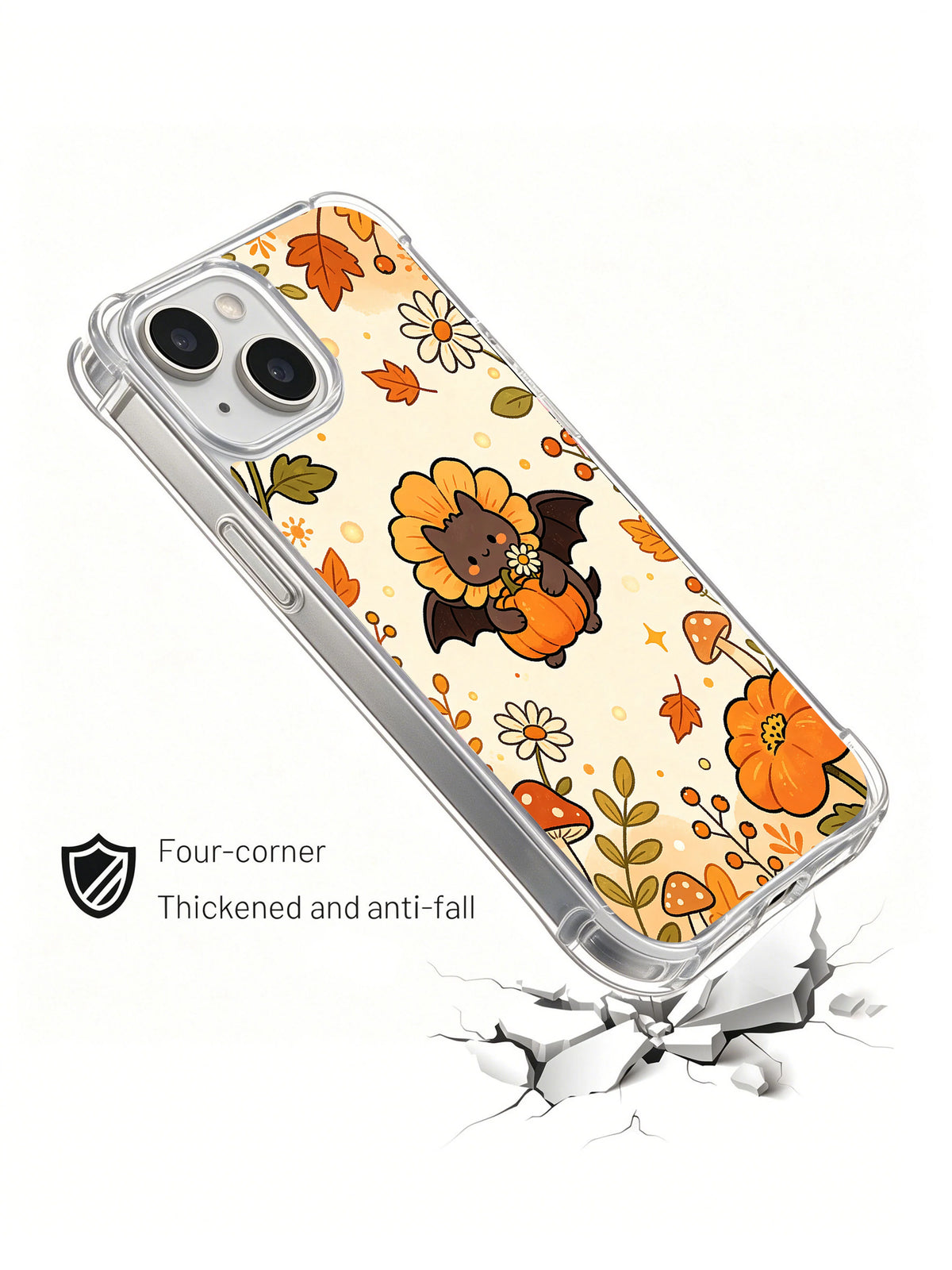 Happy Bat Flower Garden iPhone 14 case shown in a drop demonstration