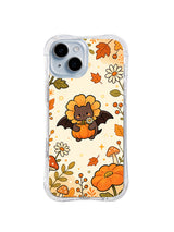 Happy Bat Flower Garden iPhone 14 case front view with a friendly bat pumpkins and flowers