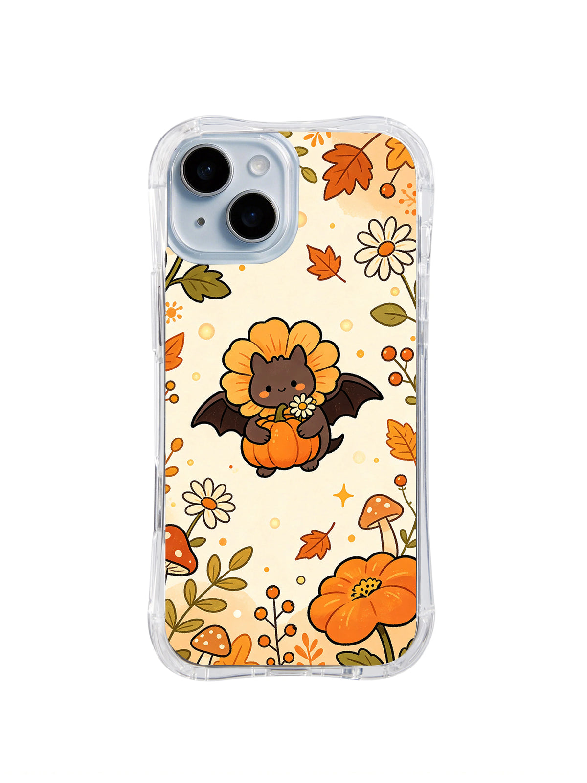 Happy Bat Flower Garden iPhone 14 case front view with a friendly bat pumpkins and flowers