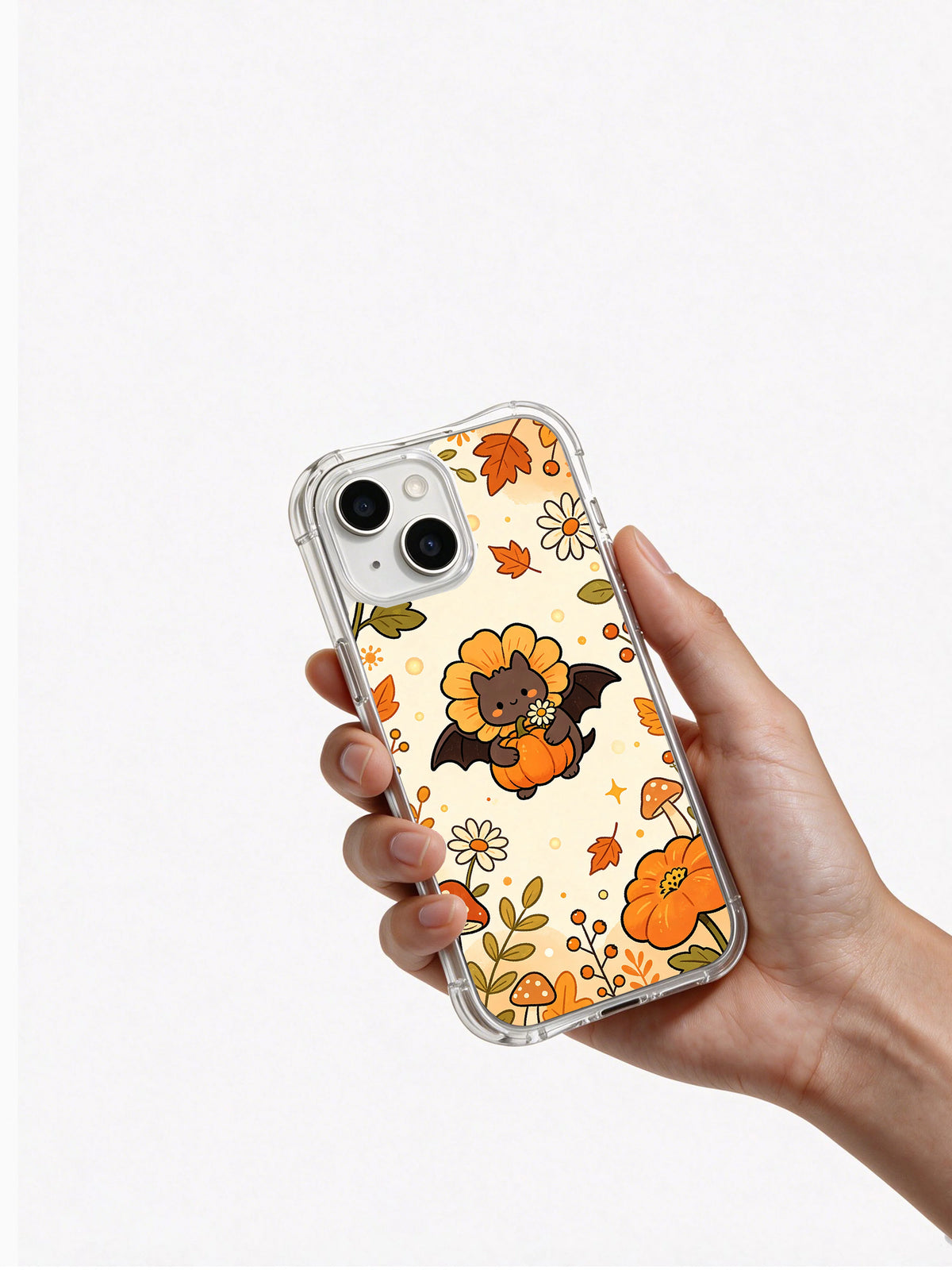 Hand holding the Happy Bat Flower Garden iPhone 14 case