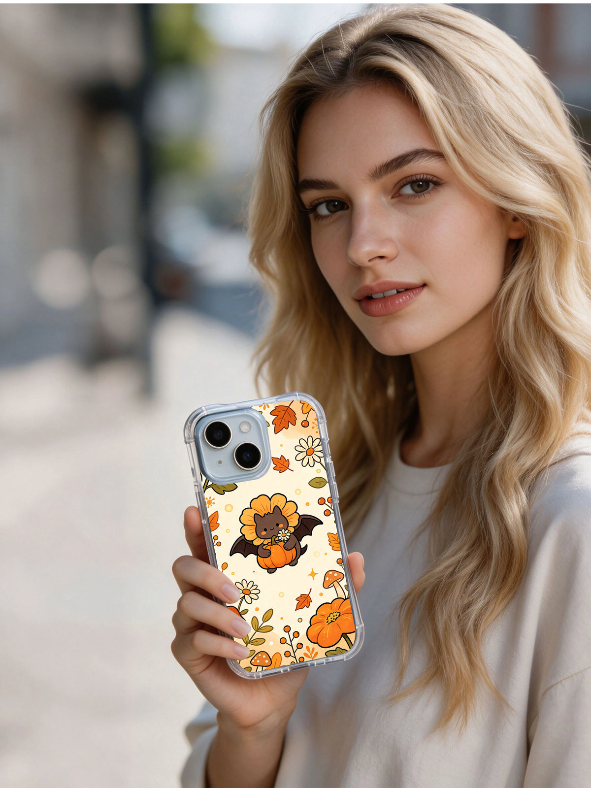 Woman holding the Happy Bat Flower Garden iPhone 14 case