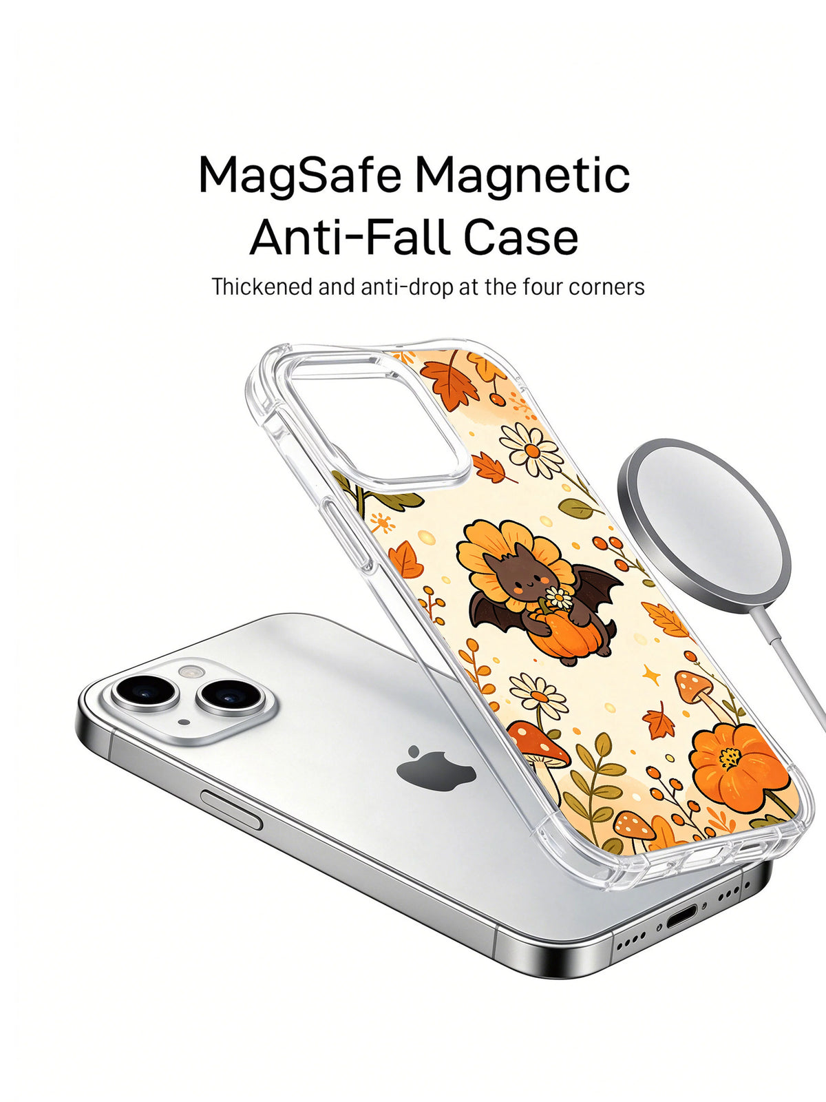 Happy Bat Flower Garden iPhone 14 case shown with a magnetic charger