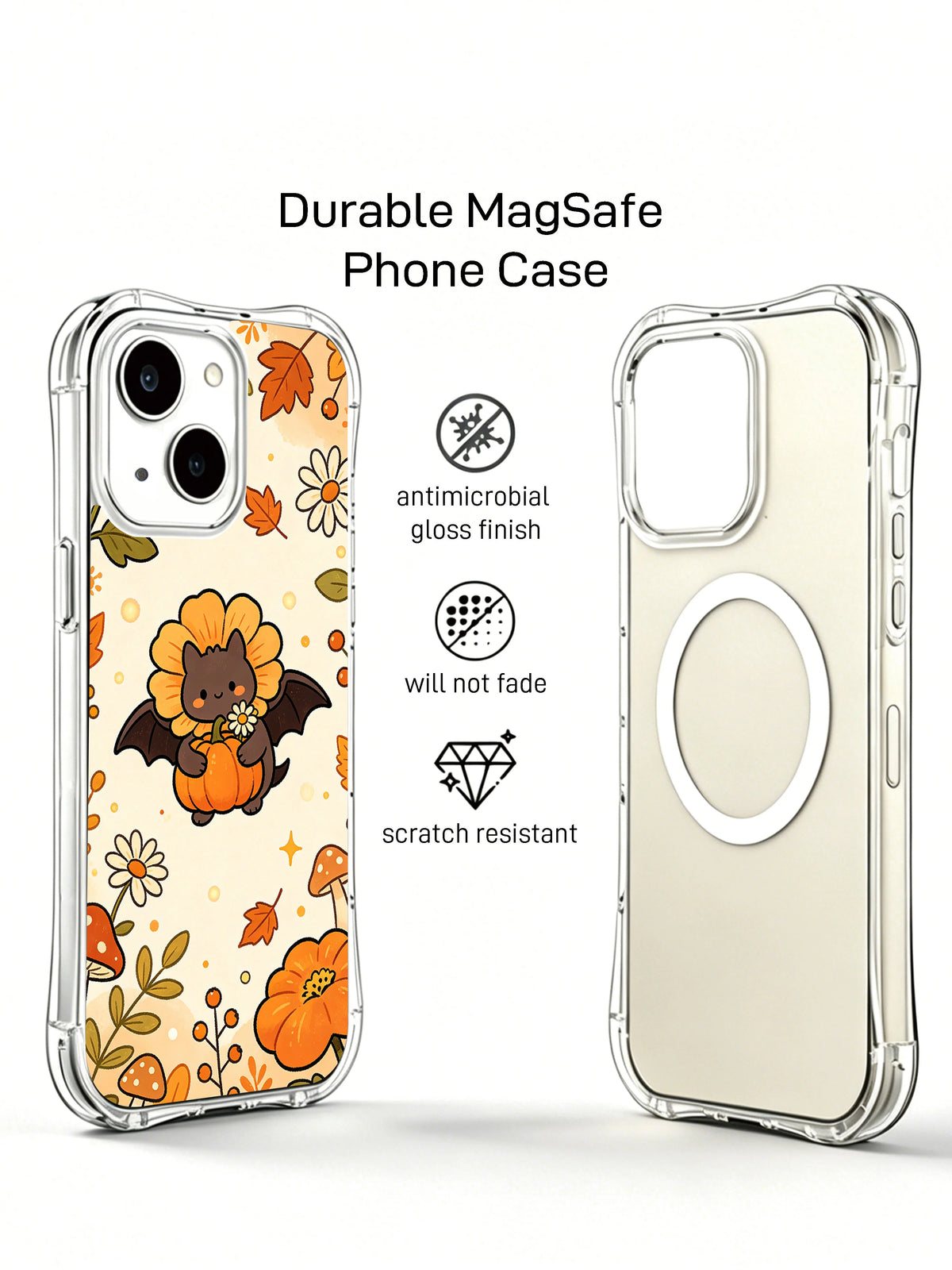 Happy Bat Flower Garden iPhone 14 case front and back views