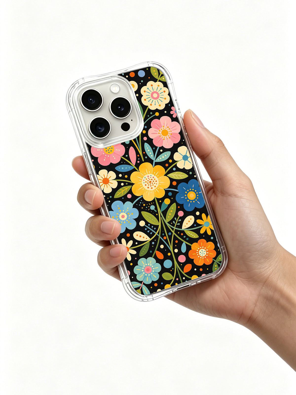 Happy Botanical Universe iPhone 15 Pro case in hand