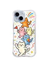 Rainbow Celebration Cat Stack: Turuncu, pembe, sarı, mavi ve krem kediler gökkuşağı izleri ve flamalar altında üst üste dizilir ve koşar.