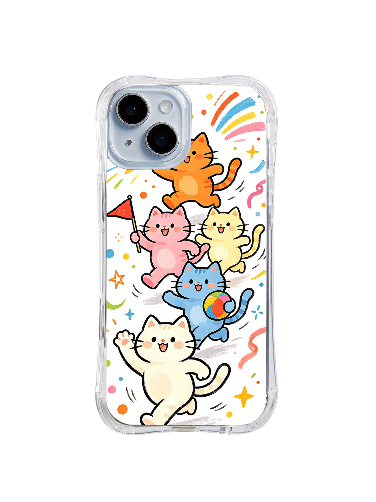 Rainbow Celebration Cat Stack: Turuncu, pembe, sarı, mavi ve krem kediler gökkuşağı izleri ve flamalar altında üst üste dizilir ve koşar.