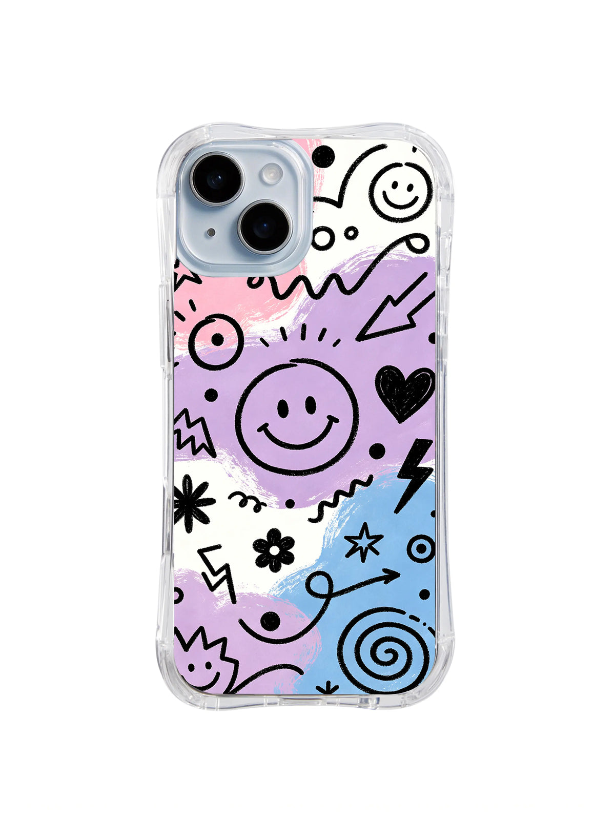 Joy Signal: A large smiley anchors black hearts, lightning, flowers and spirals on pastel color blocks.
