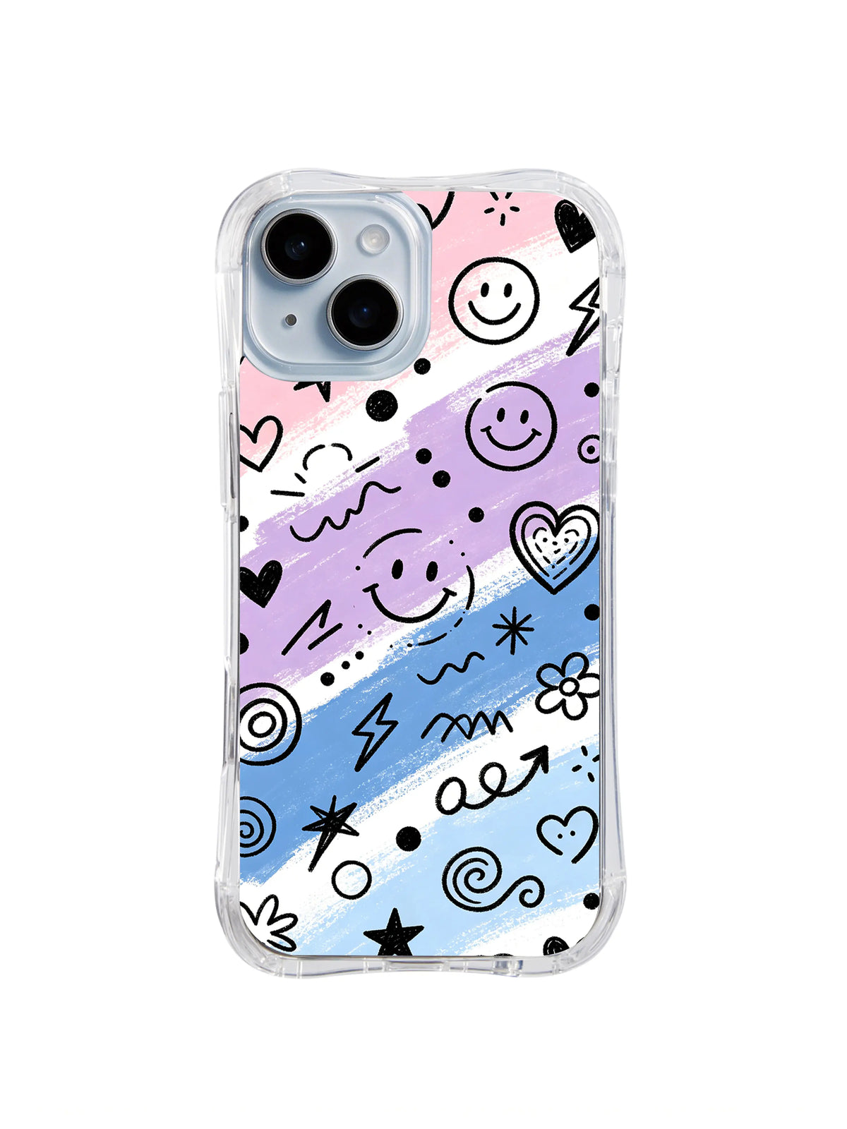 Pastel Motion: Smileys, hearts, flowers, stars and spirals sweep diagonally through pink, purple and blue.