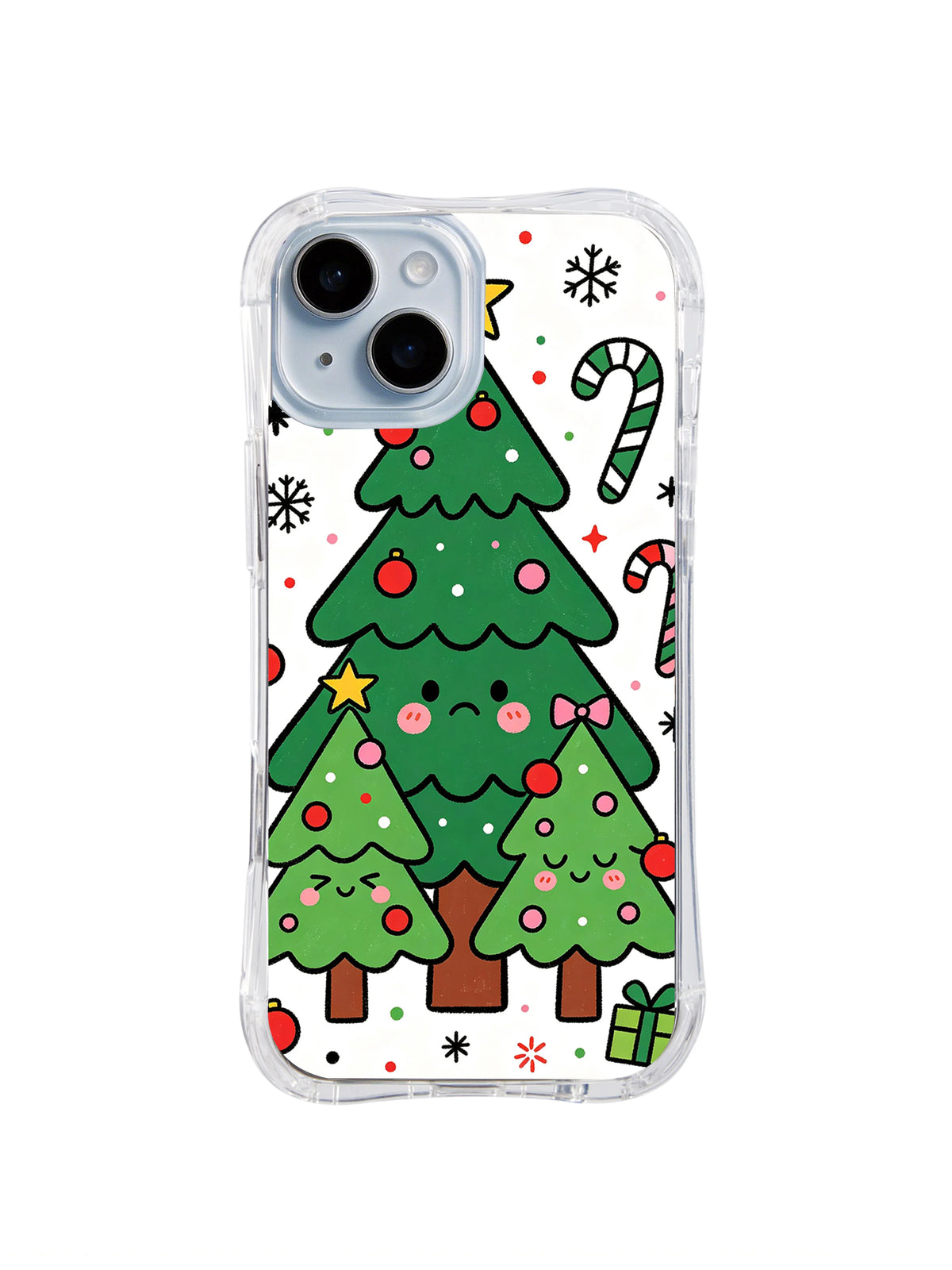 Happy Christmas Tree Characters: Bir büyük ağacın önünde duran iki küçük ağaç karakteri.