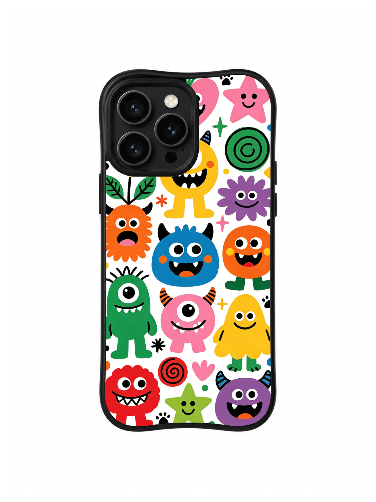 Playroom Monster Roll Call: Rows of colorful smiling monsters and stars fill a white field.