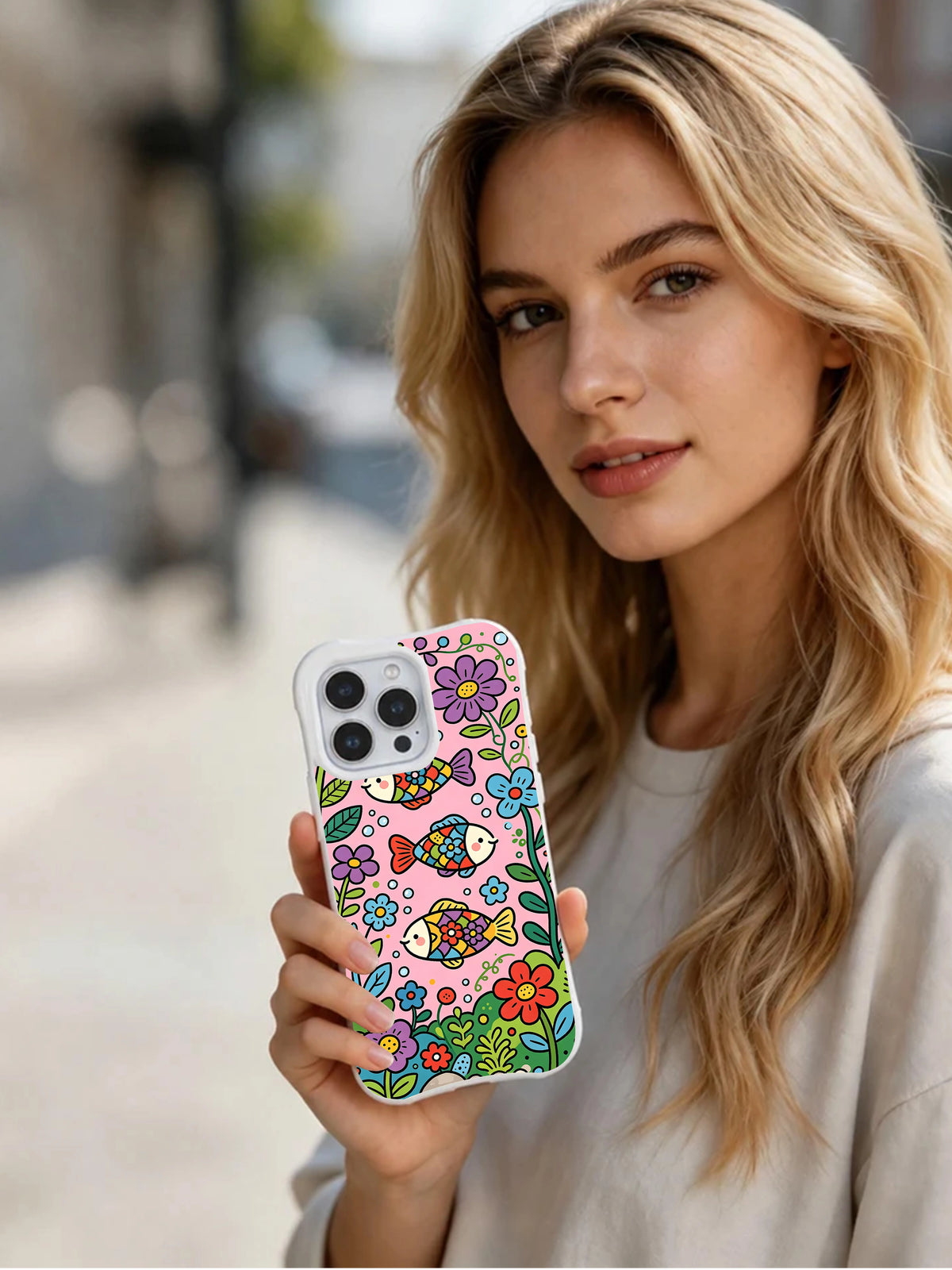 Happy garden fish iPhone 14 Pro case lifestyle view