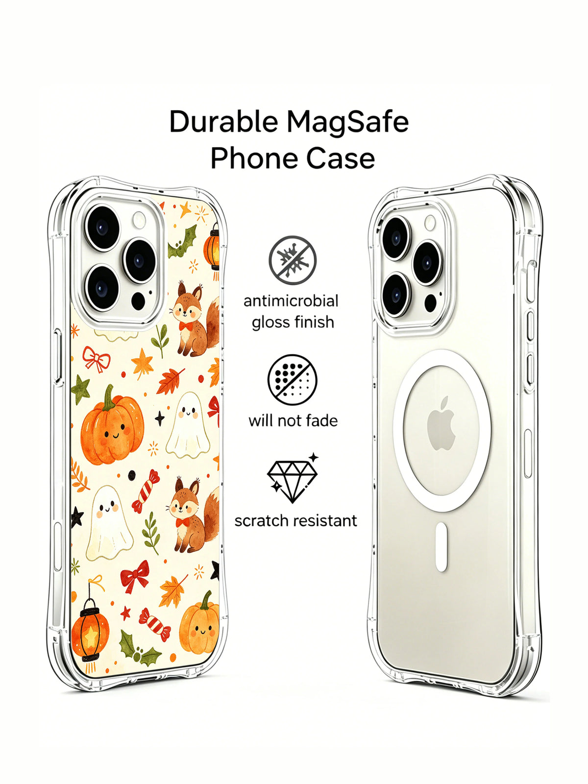 Happy Halloween Forest Friends iPhone 14 Pro case front and clear back views